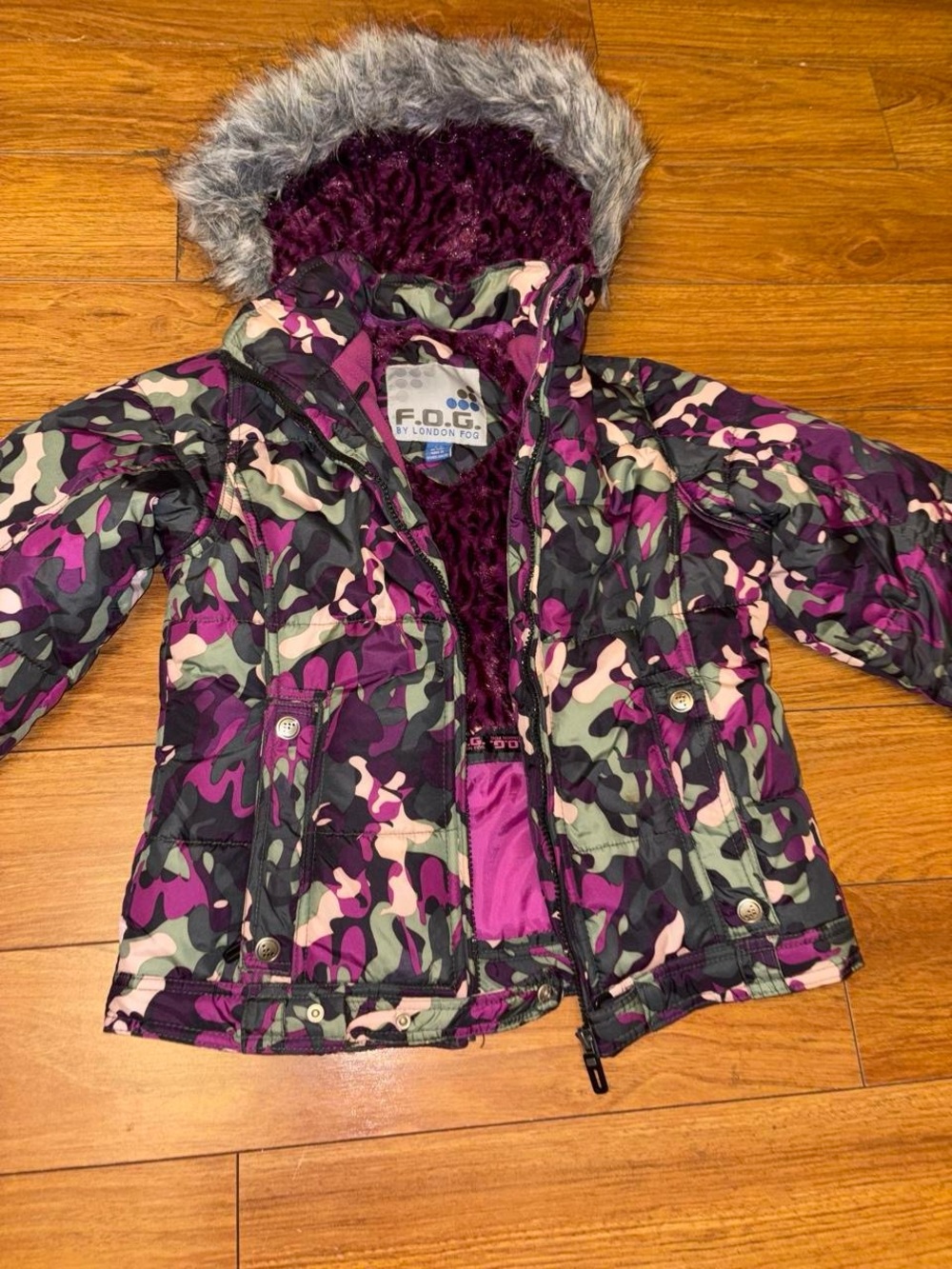 Y2K Purple and green camo coat with faux fur hood